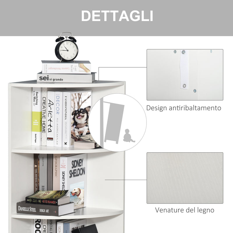 Libreria ad Angolo da Parete e Muro con 4 Ripiani in Legno Bianco 39.5x39.5x120 cm 