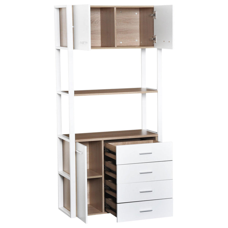 Libreria Armadio 2 Ripiani 4 Cassetti in Acciaio e Legno Bianco e Rovere 80x35x168 cm 