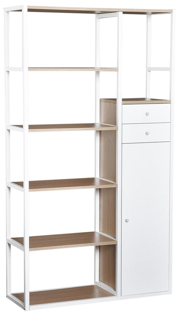 online Bücherregal 6 Regale mit 2 Schubladen und Schrank aus Stahl und weißem Holz und Eiche 100x35x180 cm