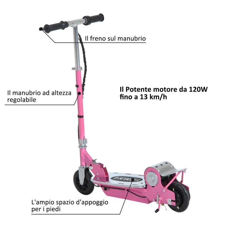 Monopattino Elettrico per Bambini 120W con Freno e Cavalletto Rosa 