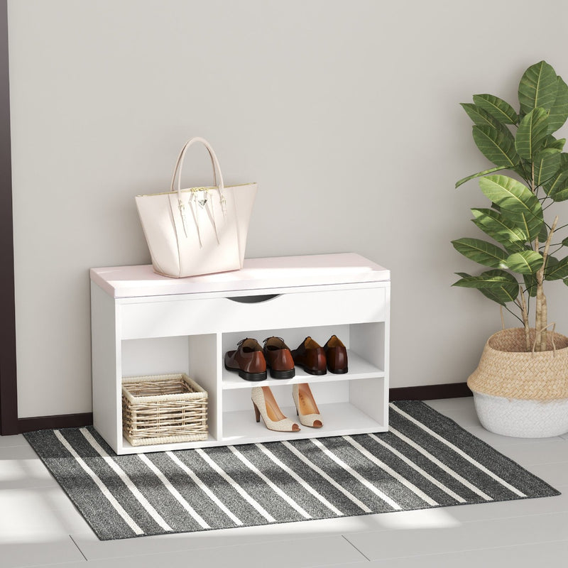 Panca da Ingresso Scarpiera con Sedile Imbottito Ribaltabile in Legno Bianco 80x30x47 cm 