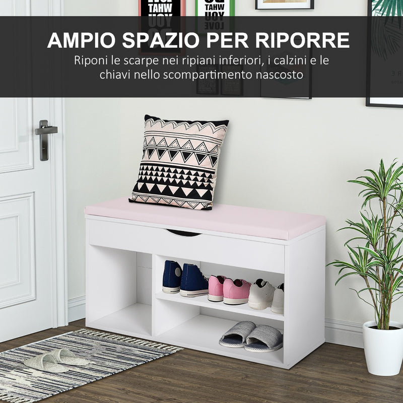 Panca da Ingresso Scarpiera con Sedile Imbottito Ribaltabile in Legno Bianco 80x30x47 cm 