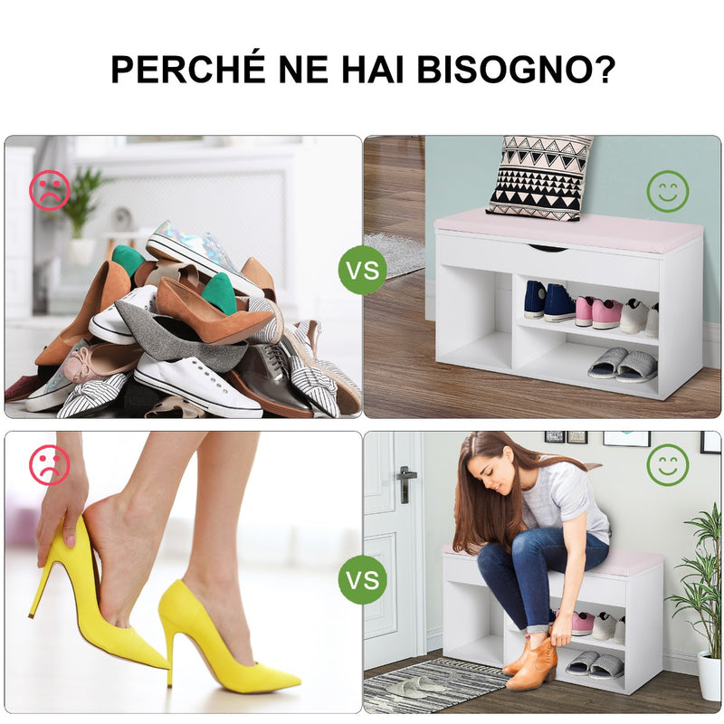 Panca da Ingresso Scarpiera con Sedile Imbottito Ribaltabile in Legno Bianco 80x30x47 cm 