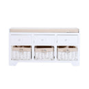 Panca Contenitore in Legno con Cassetti e Ceste in Vimini Bianco 98x34x52 cm 