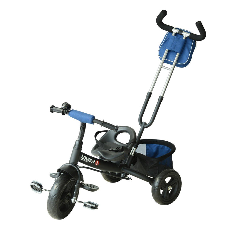 Passeggino Triciclo per Bambini con Maniglione e Tettuccio Nero e Blu 