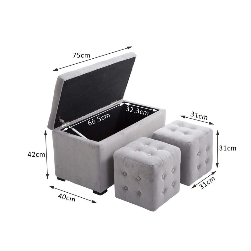 Cassapanca Portaoggetti Multiuso con 2 Sgabelli Pouf in Velluto Grigio Perla 