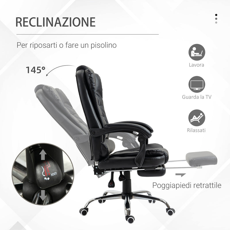 Sedia da Ufficio Regolabile Poltrona Girevole con Poggiapiedi Estraibile Nero 