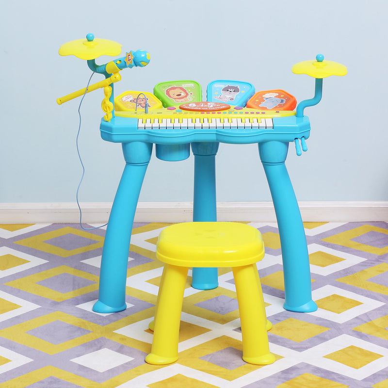 Set Batteria e Pianoforte Giocattolo per Bambini Blu e Giallo 