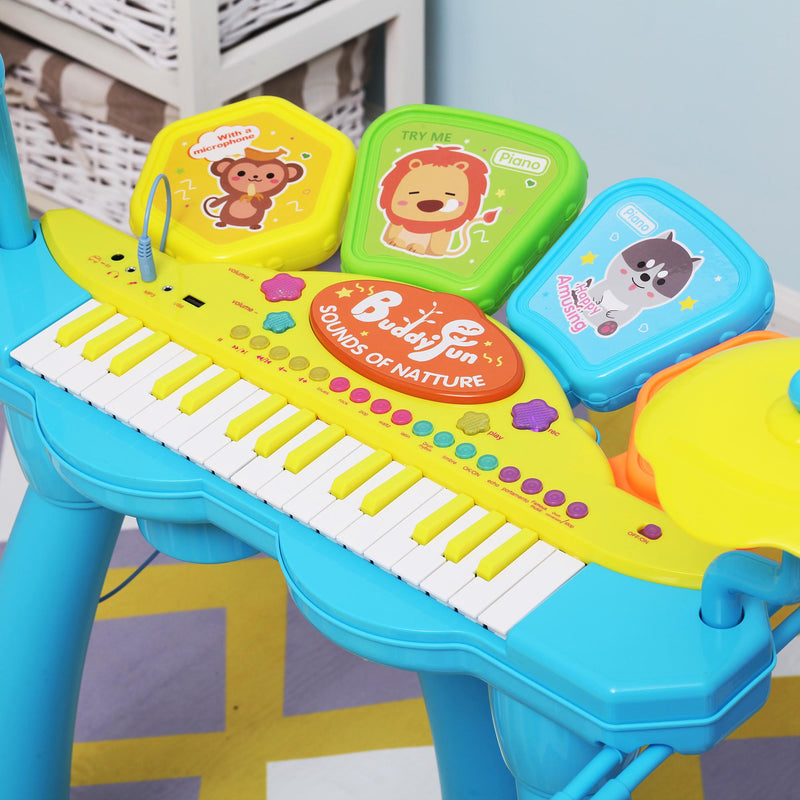 Set Batteria e Pianoforte Giocattolo per Bambini Blu e Giallo 
