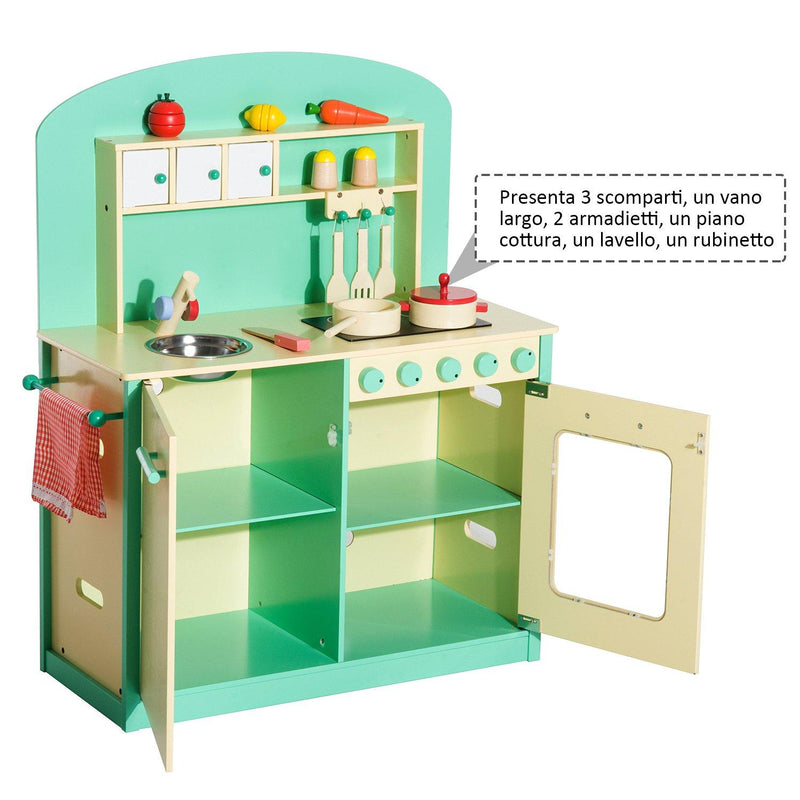 Cucina Giocattolo per Bambini con Accessori in Legno Verde 70x30x88 cm 