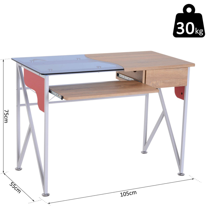 Scrivania da Ufficio in Legno e Piano in Vetro con Cassetto e Porta Tastiera Estraibile 105x55x75 cm 