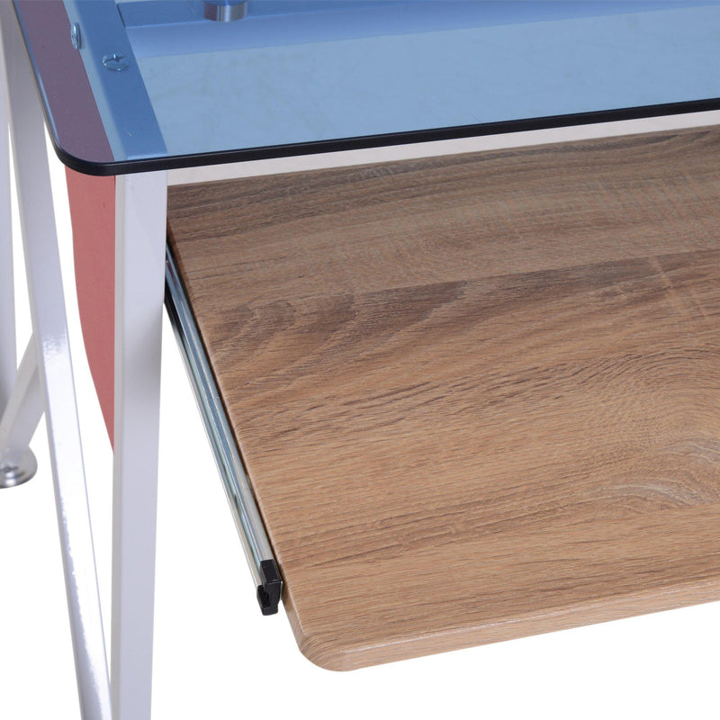 Scrivania da Ufficio in Legno e Piano in Vetro con Cassetto e Porta Tastiera Estraibile 105x55x75 cm 