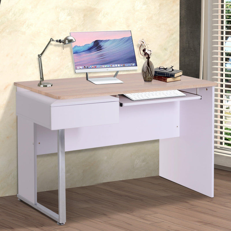 Scrivania da Ufficio con Ripiano Tastiera in Legno Bianco e Rovere 130x70x75.5 cm 
