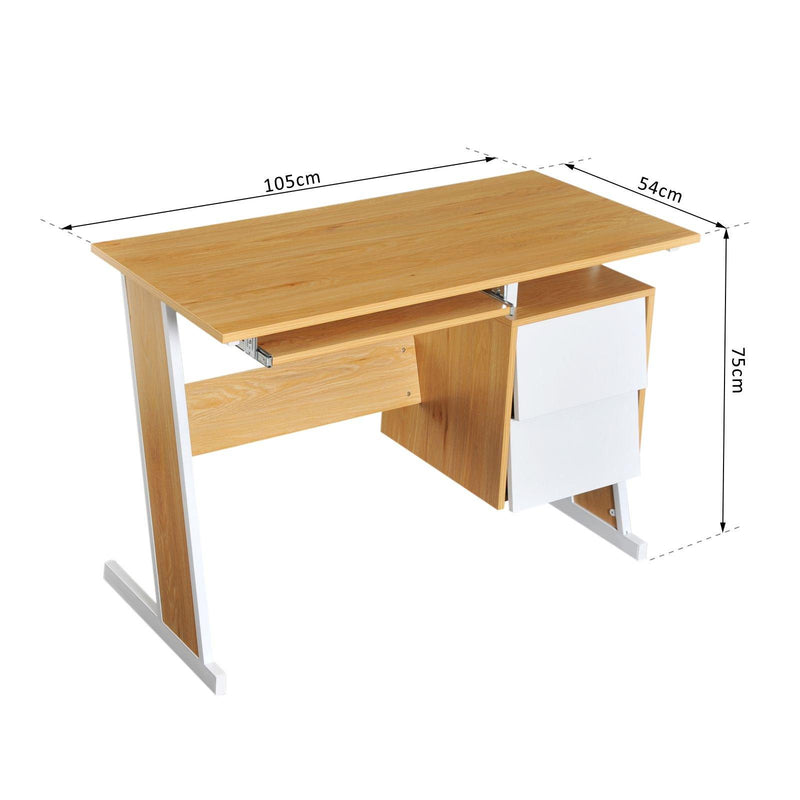 Scrivania da Ufficio con 2 Cassetti e Ripiano Tastiera Scorrevole in Legno 105x54x75 cm 