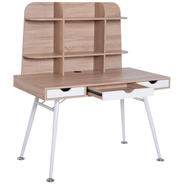 online Schreibtisch mit Schubladen und Bücherregal aus weißem Holz und Eiche 120 x 65,5 x 138,5 cm