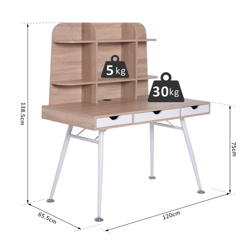 Scrivania da Ufficio con Cassetti e Libreria Legno Bianco e Rovere 120x65.5x138.5 cm 