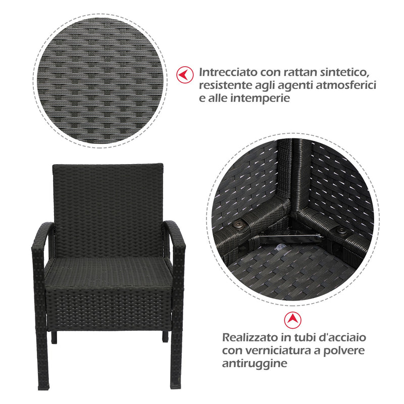 Set Salotto da Giardino 2 Poltroncine e Tavolino con Cuscini Rattan Sintetico Nero 