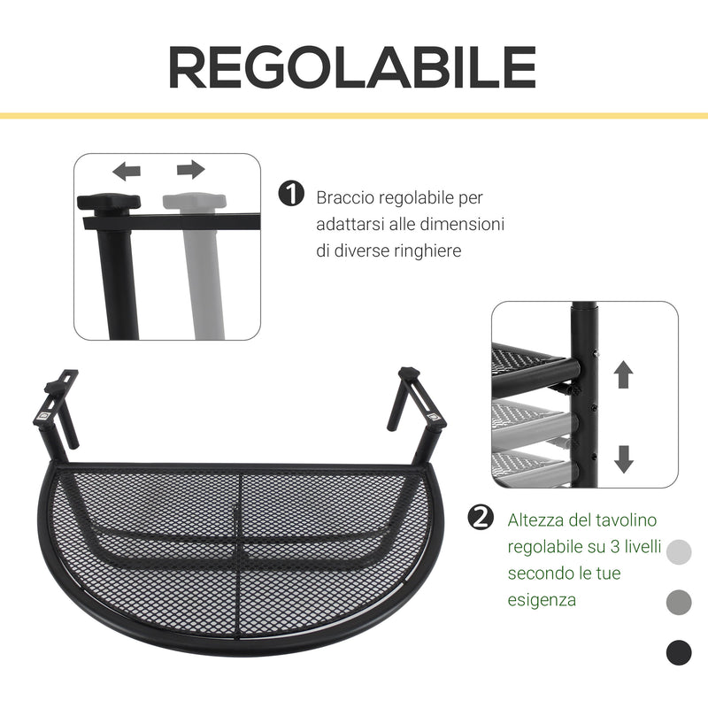 Tavolino Sospeso da Balcone Regolabile in Ferro Nero 60x45x50 cm 