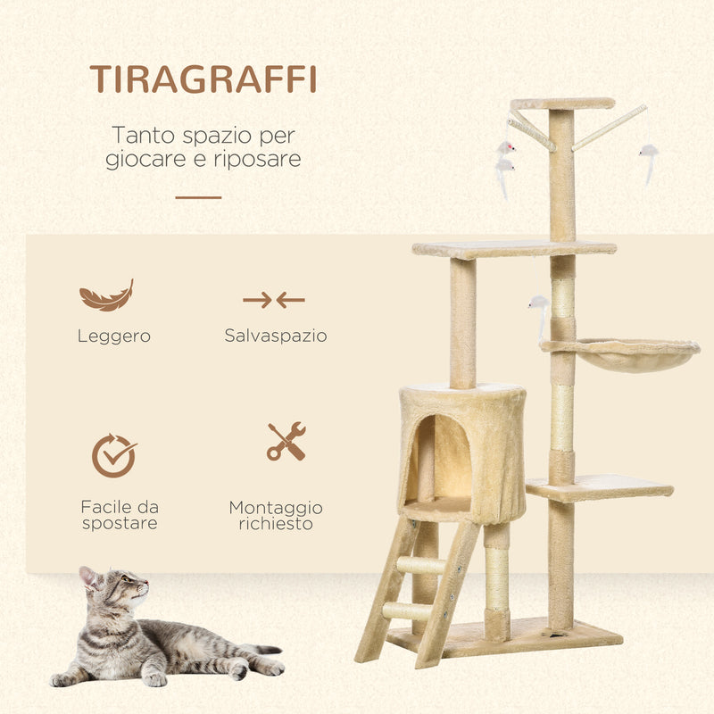 Albero Tiragraffi con Cuccia per Gatti in Legno Sisal Naturale Beige 40x30x131 cm 