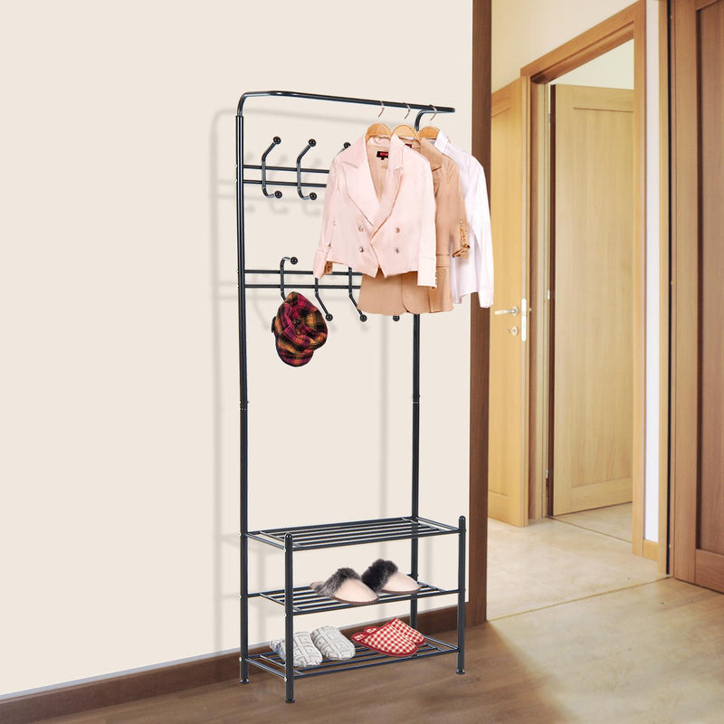 Appendiabiti Panchina per Ingresso con Scarpiera in Acciaio Nero 67x30x185 cm 