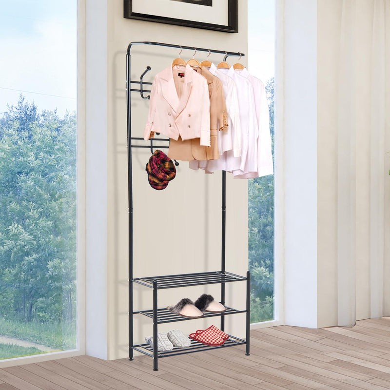 Appendiabiti Panchina per Ingresso con Scarpiera in Acciaio Nero 67x30x185 cm 