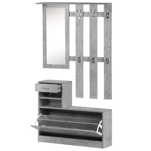 sconto Eingangsgarderobe mit Spiegelkleiderbügel und verstellbarem Schuhregal Betongrau 90x22x116 cm