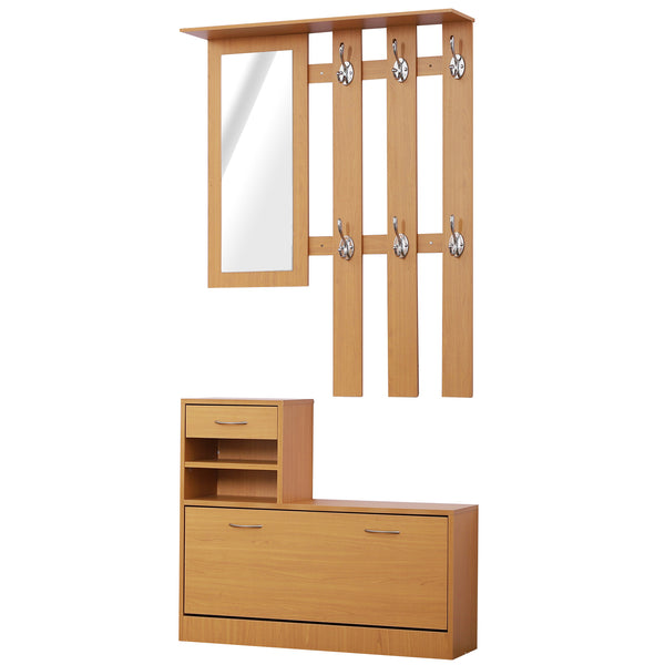 acquista Eingangsgarderobe mit Spiegel, Kleiderbügel und verstellbarem Schuhregal aus Holz