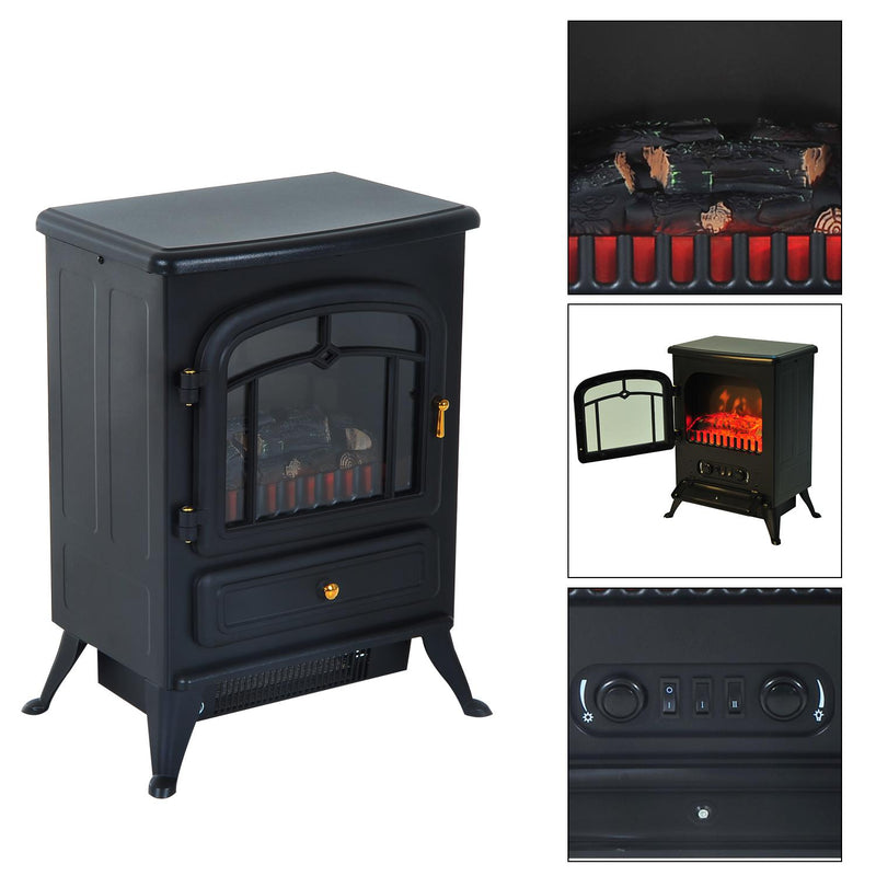 Camino Elettrico da Terra 42x28x55 cm 950/1850W Effetto Fiamma Nero 