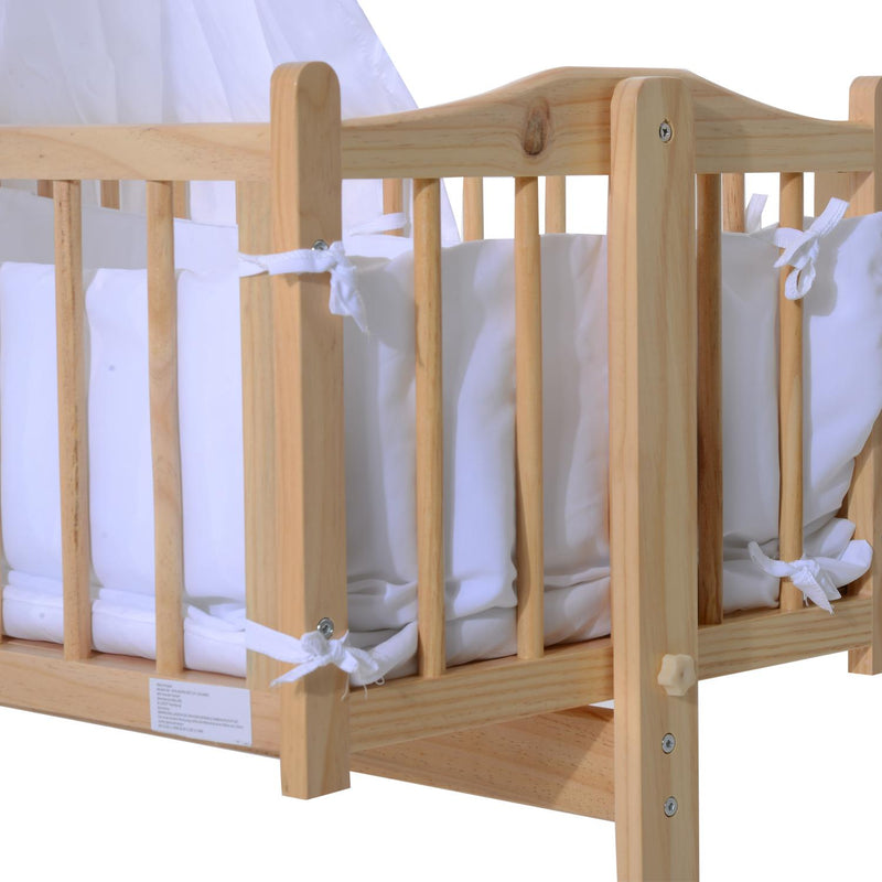 Culla Lettino a Dondolo per Neonati in Legno Naturale con Zanzariera e Biancheria da Letto 