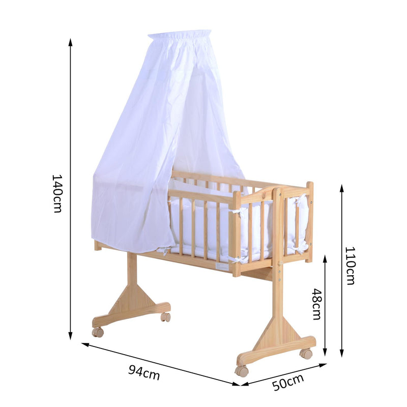 Culla Lettino a Dondolo per Neonati in Legno Naturale con Zanzariera e Biancheria da Letto 