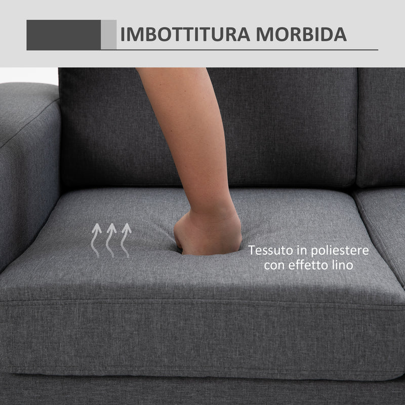 Divano 3 Posti con Cuscini in Tessuto di Lino Grigio scuro 200x82x78 cm 