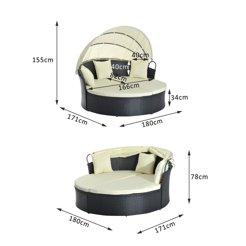 Divano Letto da Esterno Conchiglia con Poggiapiedi e Tenda Parasole in Rattan Sintetico Nero 