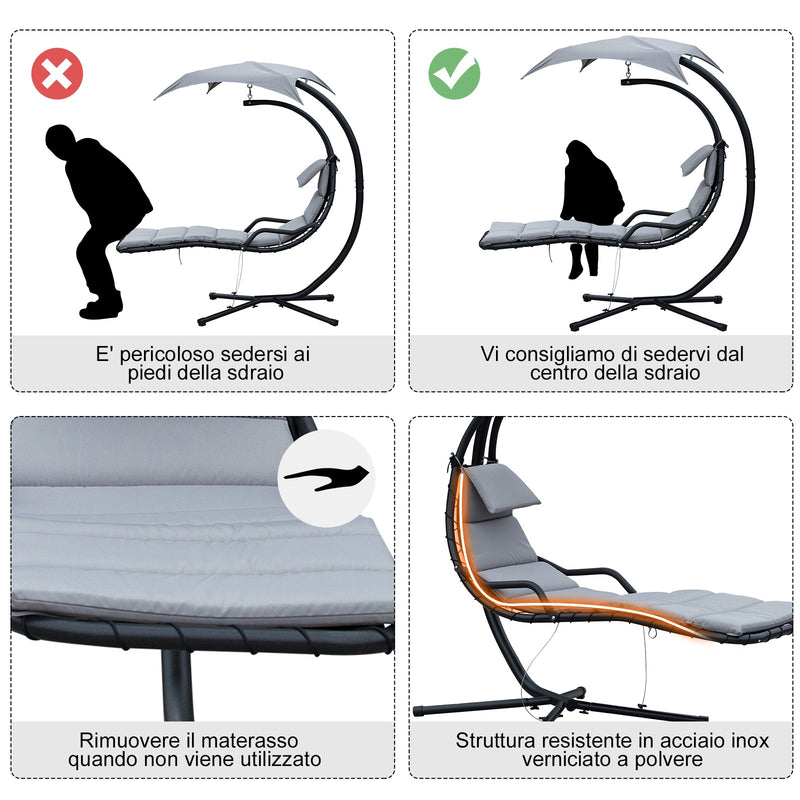 Sedia Dondolo Pensile Relax Chaise Longue di Lusso con Tettuccio Grigio 