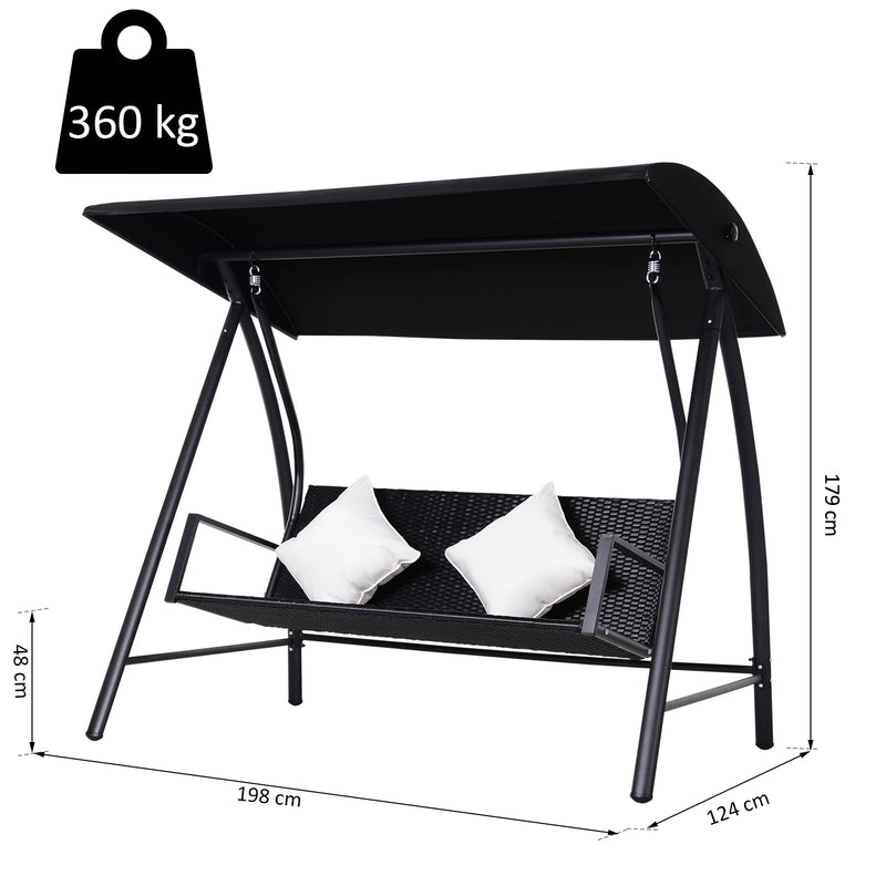 Dondolo da Giardino 3 Posti in Ferro e Rattan Sintetico con Cuscini e Tettuccio Parasole Nero 