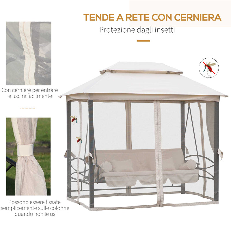 Dondolo a 3 Posti Gazebo Divano Letto con Zanzariera Beige 