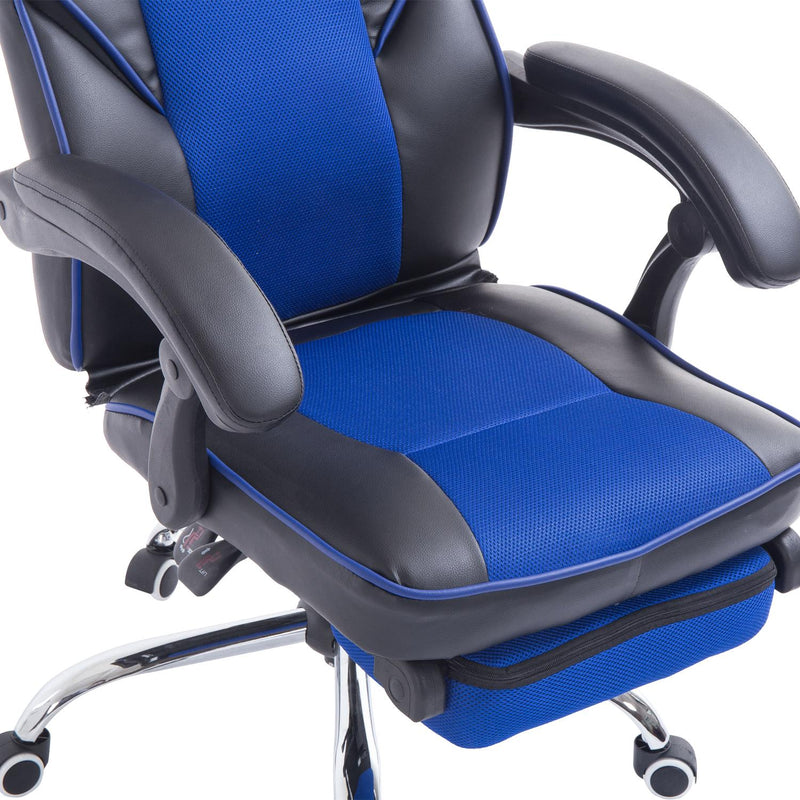 Sedia da Gaming Ergonomica in Similpelle Reclinabile con Supporto Gambe Nera e Blu 