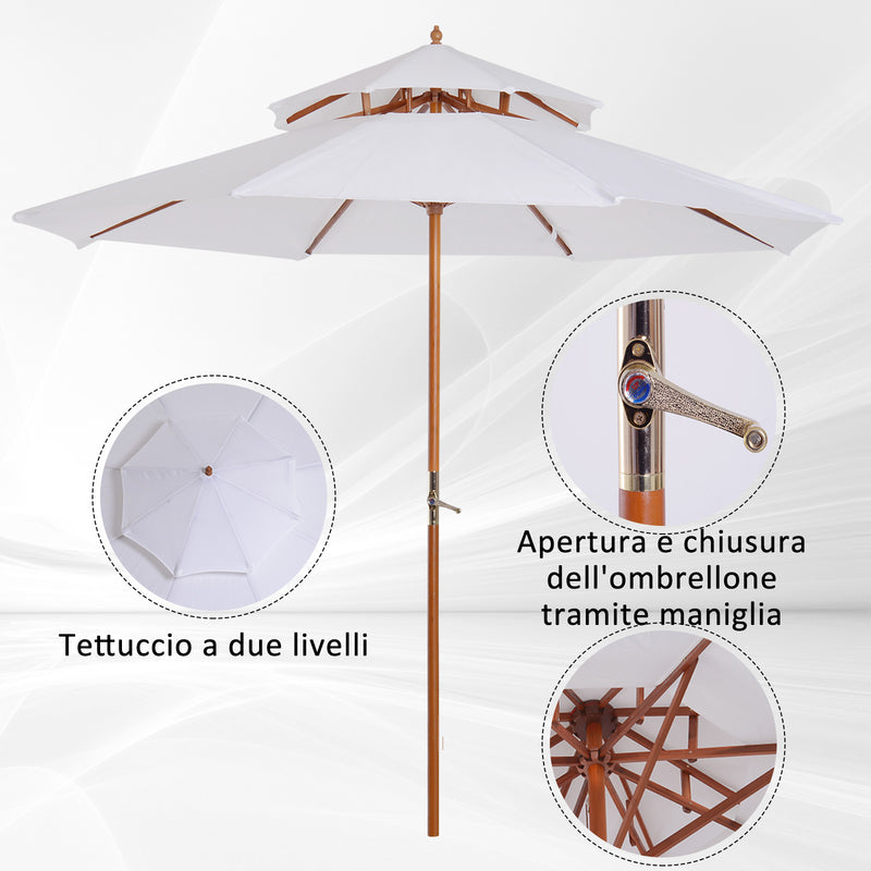 Ombrellone da Giardino Ø2.7 m Palo Ø38 mm in Legno con Doppio Tetto Crema 