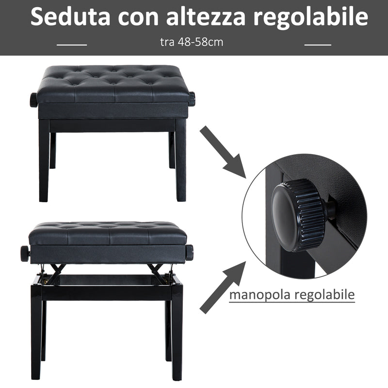 Panca Sgabello per Pianoforte con vano portaoggetti altezza regolabile 54.5x33x48-58 cm Nero 