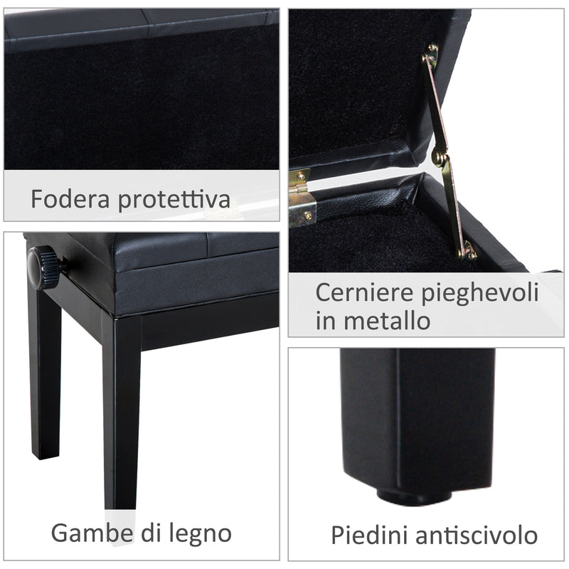 Panca Sgabello per Pianoforte con vano portaoggetti altezza regolabile 54.5x33x48-58 cm Nero 