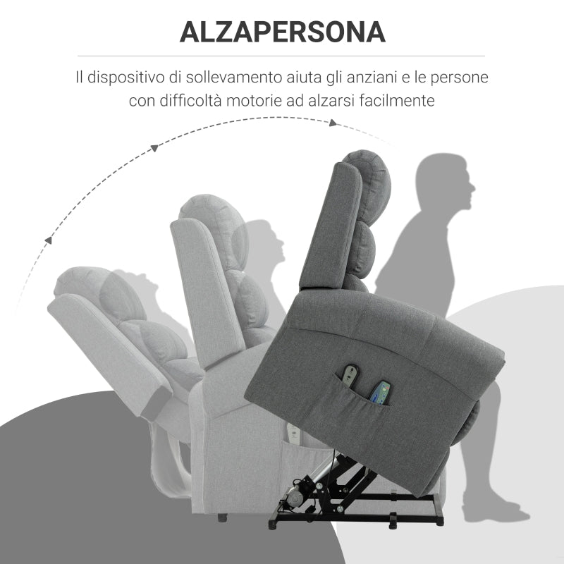 Poltrona Relax Alzapersona Massaggiante Riscaldante in Tessuto di Lino Grigia