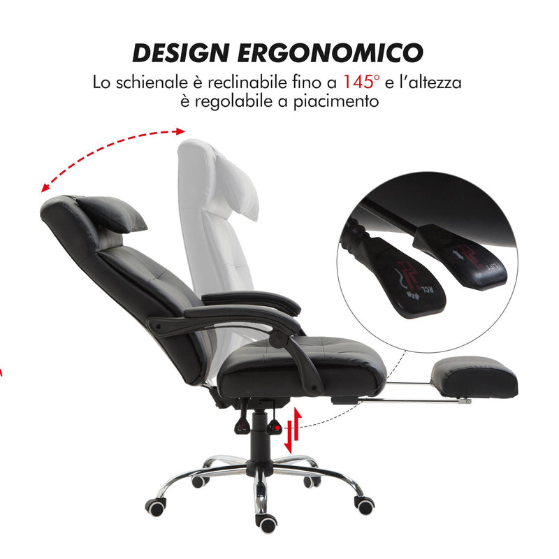 Sedia Poltrona da Ufficio Ergonomica Presidenziale in Similpelle Reclinabile Nera 