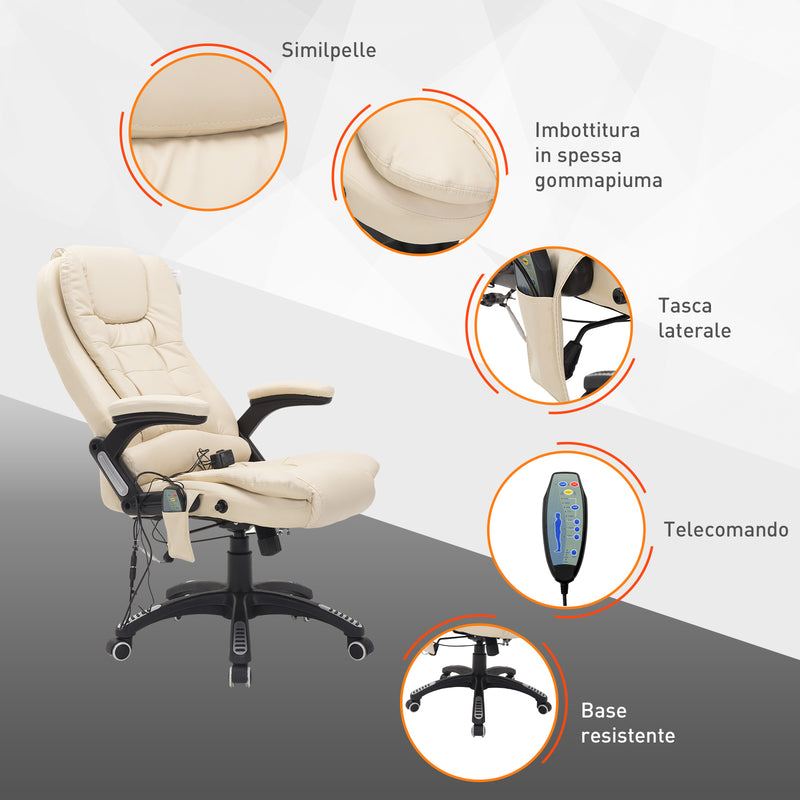 Sedia Poltrona Massaggiante da Ufficio 62x68x121 cm con Riscaldamento in Similpelle Beige