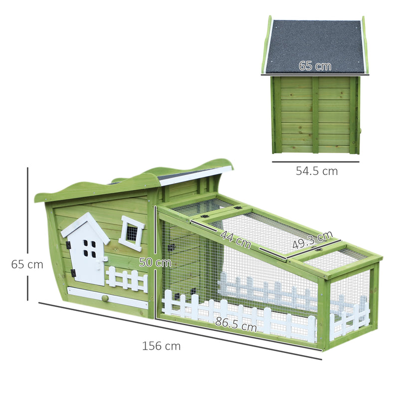 Conigliera con Corsa Vassoio Estraibile e Tetto Impermeabile in Legno Verde Bianco 155x54.5x65 cm 