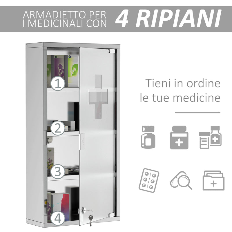 Armadietto per Medicinali Quattro Ripiani in Acciaio Inox 30x12x60 cm 
