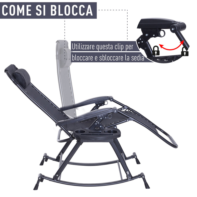 Sedia Sdraio a Dondolo Reclinabile con Poggiapiedi e Porta Bicchieri Nero 120x67x102 cm 