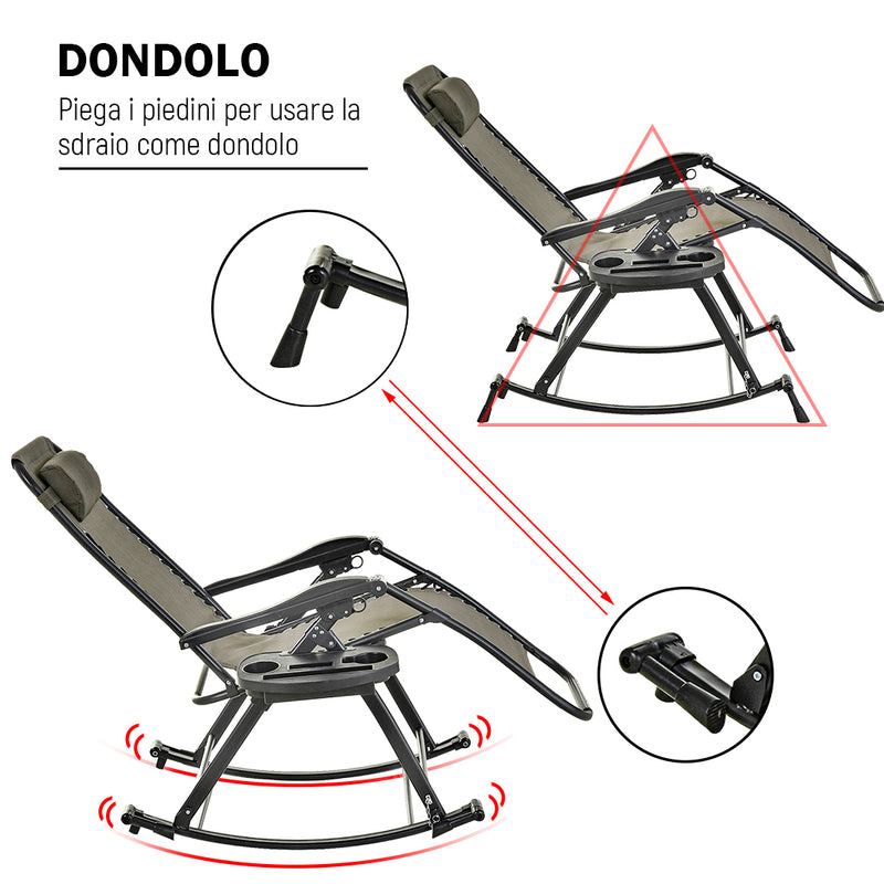 Sedia Sdraio a Dondolo Reclinabile con Poggiapiedi e Porta Bicchieri Grigio 120x67x102 cm 