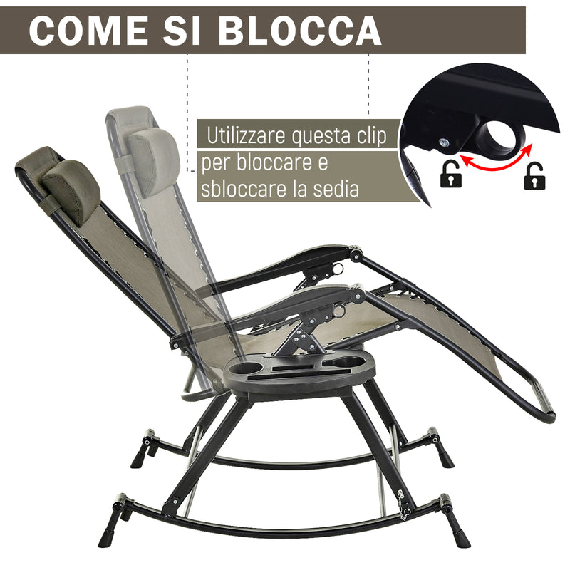 Sedia Sdraio a Dondolo Reclinabile con Poggiapiedi e Porta Bicchieri Grigio 120x67x102 cm 