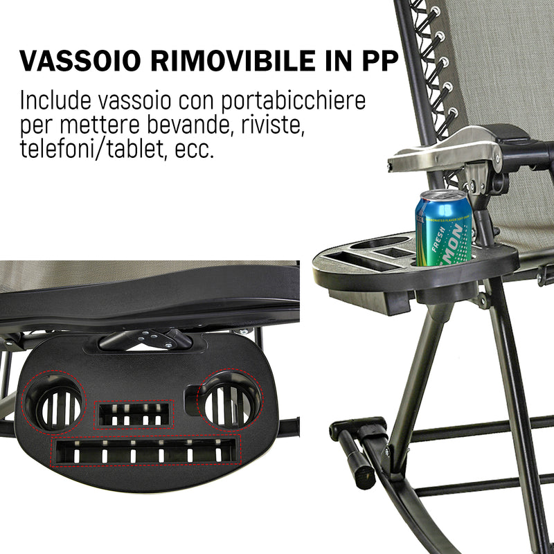 Sedia Sdraio a Dondolo Reclinabile con Poggiapiedi e Porta Bicchieri Grigio 120x67x102 cm 