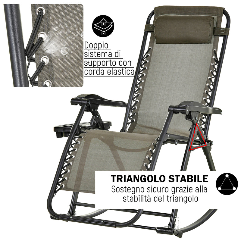 Sedia Sdraio a Dondolo Reclinabile con Poggiapiedi e Porta Bicchieri Grigio 120x67x102 cm 