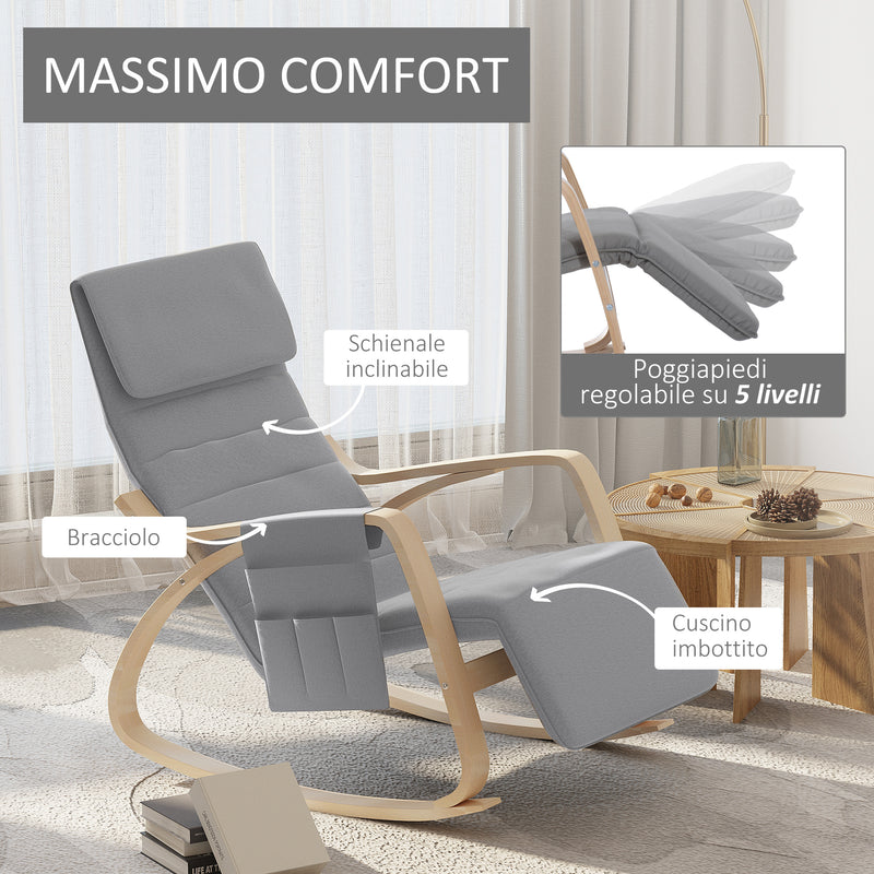 Poltrona a Dondolo con Poggiagambe in Legno Curvato Grigio 